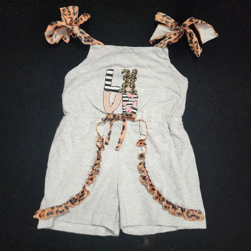 Mariee‎ Nicole Kids Girls L Gray Bunny LOVE Romper Jumpsuit Leopard Trim